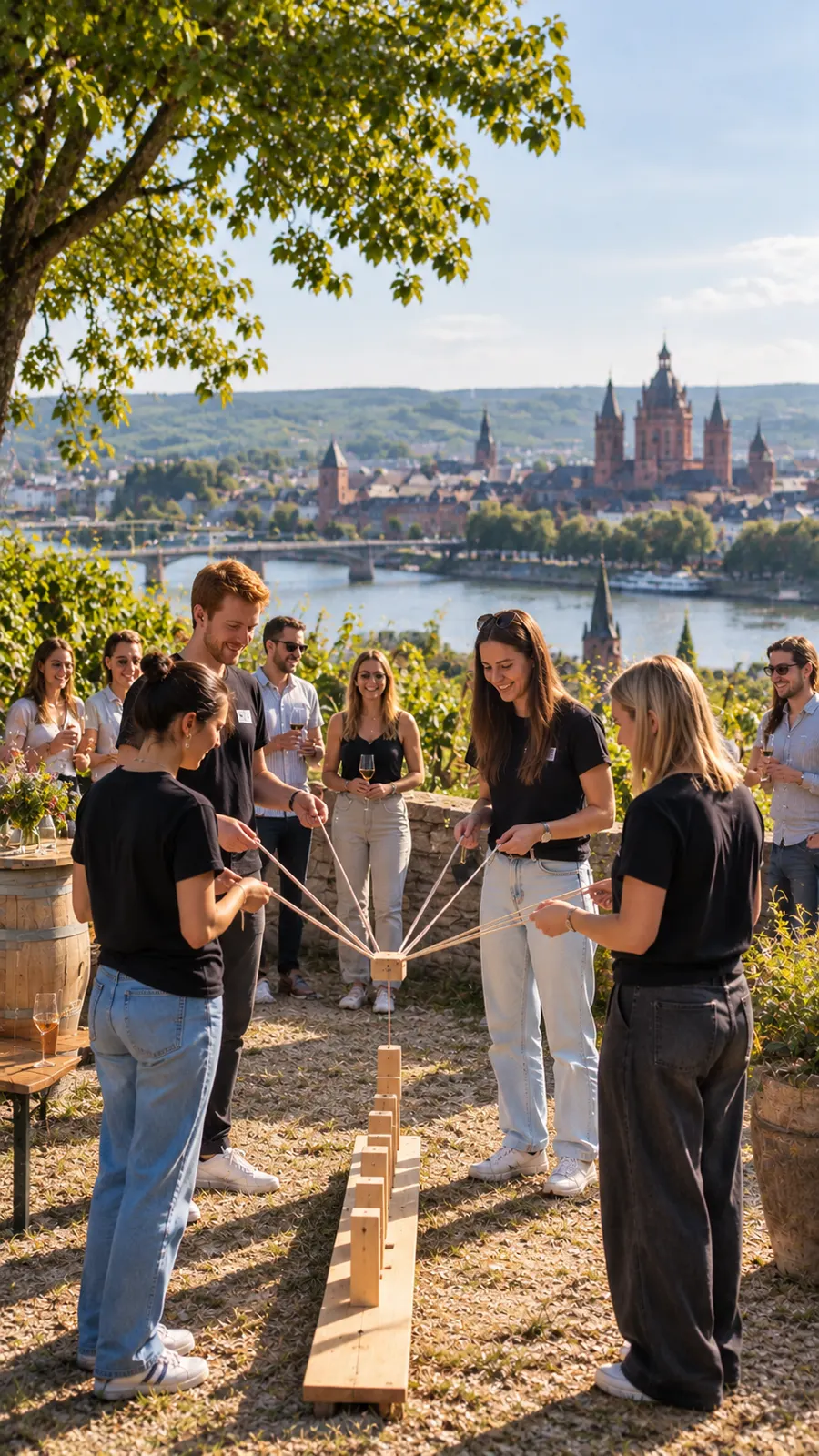 Teamevent im Weinberg mit Blick auf den Mainzer Dom und den Rhein