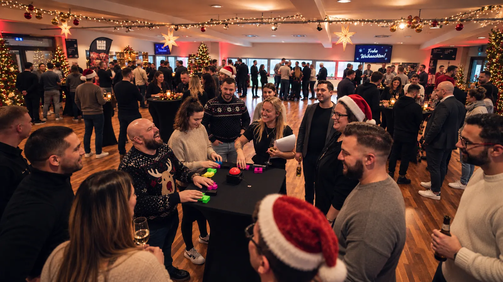 Festlich geschmückter Saal voller Teams bei der Firmen-Weihnachtsfeier mit BASH BOOM BANG